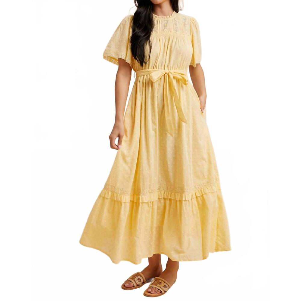 NEW IN-LOOM swiss dot flutter sleeve maxi dress in lemon water